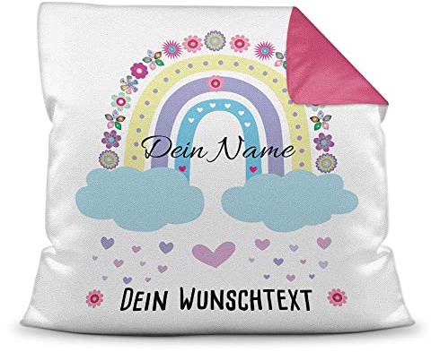Print Royal Kinder-Kissen selbst gestalten mit Name & Text - Regenbogen Wolken - Geschenk für Kinder, Mädchen & Jungen - inkl. Füllung, Farbkissen Rückseite Pink, 40x40 cm I Personalisiert