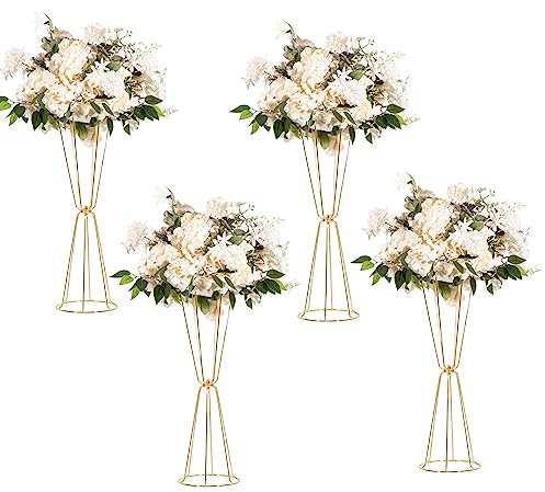 Gold Vases Centerpieces for Wedding Geometric Metal Flower Stand for Tables Bulk, 4pcs 23.6” Tall Trumpet Vases for Centerpieces Party Dinner Anniversary Ceremony