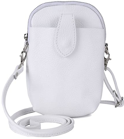 Kleine Damen Leder Umhängetasche, Ital. Handtasche Handy Echtleder, Crossbody Schultertasche für Frauen Mädchen, 0002111070, Tasche Farben:Weiß