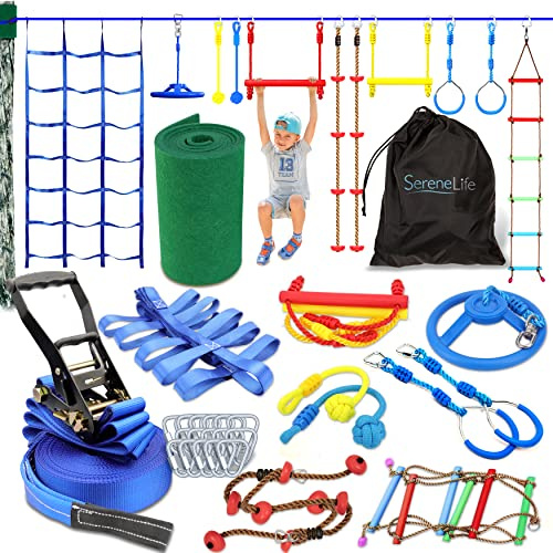 SereneLife Ninja Warrior Slack Line Obstacle Course Outdoor Play Equipment Set for Kids Outside with Rope Ladder and Accessories