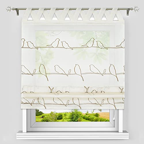 Heichkell Raffrollo mit V Schlaufen Halbtransparente Raffgardine mit Leinenoptik Bestickte Gardine mit Vöger Muster Landhausstil Schlaufenrollo Beige BxH 100x140cm