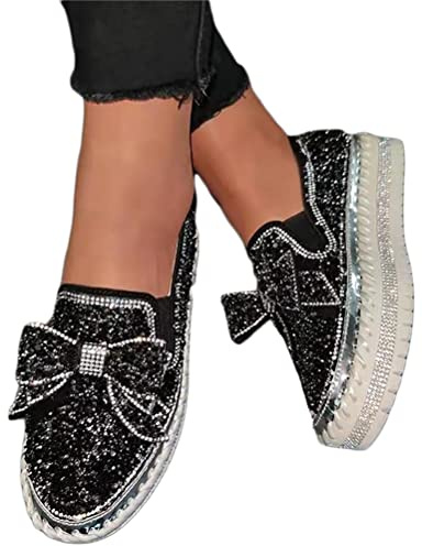 Minetom Sneakers Femme Slip-on Sneakers Tennis Basket Glitter Chaussures Strass Nœud Papillon Flat Loafers Paillettes Mocassins Plats B Noir 40 EU