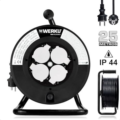 Werku WK403360, Enrollacables Alargador, Calidad Profesional, 25 Metros, MAX 3200 W, Protección IP44, 4 Tomas, Cable H05RR-F 3G 1.5 MM/2, Protección contra Sobrecalentamiento