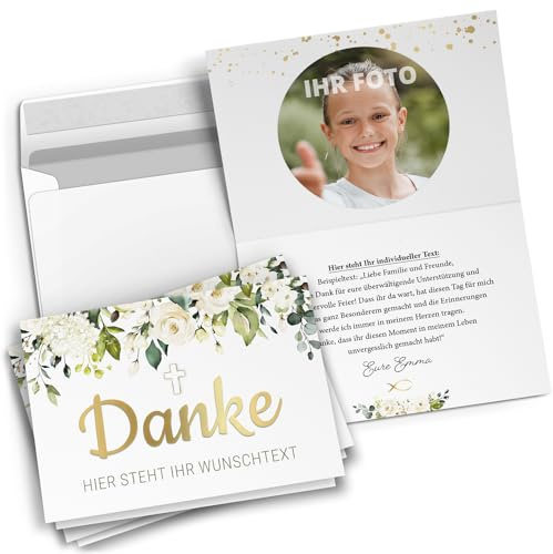 10 personalisierte Dankeskarten mit Text & Foto - Danke Gold Look | Dankeskarte Kommunion Konfirmation Taufe Hochzeit kirchlich mit Umschlägen