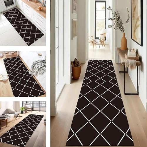 Läufer Flur Küche Waschbar rutschfest 60X300CM Teppichläufer Lang Küchenteppich Flurteppich Schwarz Küchenläufer Teppichmatten Korridor Wohnzimmer Schlafzimmer Meterware Schmutzfangmatte Fußmatte