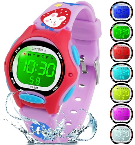 GUUMUXIN Orologi Bambini Digitale Ragazzi Ragazze,7 Colori Impermeabilità Orologi da Polso Lampeggiante per Bambini Sport Outdoor Multifunzionali Orologio da Polso (Viola)