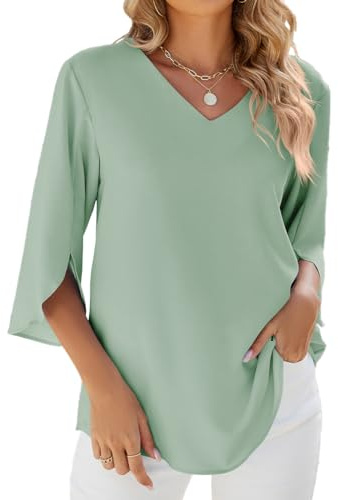 YUTILA Chemisier élégant à manches 3/4 en mousseline de soie avec col en V - Tunique ample - Été - Léger - Pour le printemps, A-vert pois, XXL