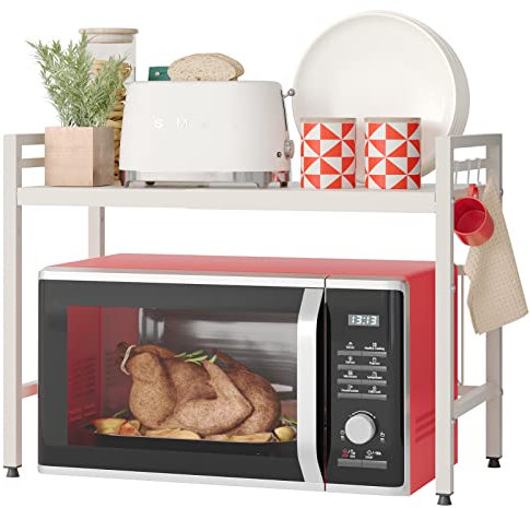 NETEL Erweiterbares Mikrowellen Regal 2 Stufig,Regal über Mikrowelle,Mikrowellenständer für Arbeitsplatte，Mikrowellen Küchenregal Organizer,Microwave Storage Rack,Mikrowellenregal mit 8 Haken,Weiß