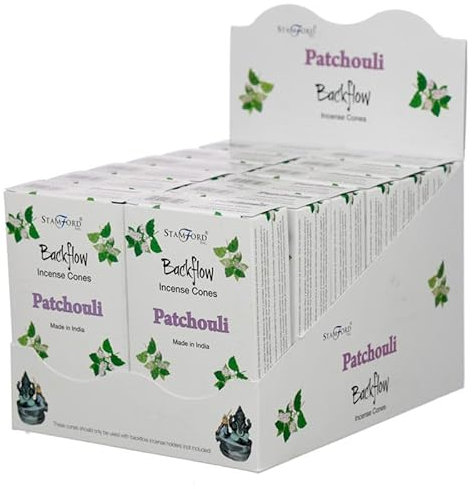 Stamford Rückfluss-Räucherkegel für Patchouli | 30 Minuten Brenndauer | Tierversuchsfrei & vegan | handgerollte Qualität | zur exklusiven Verwendung mit Rückflussbrennern | 12 Kegel pro Packung