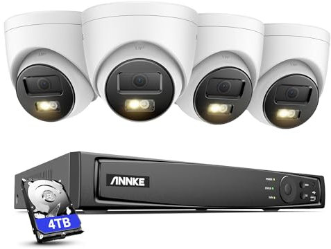 ANNKE Set di telecamere di sorveglianza PoE da 12 MP, 4 telecamere IP PoE da 12 MP, con faretti, riconoscimento persone/veicolo, accesso remoto, sistema CCTV NVR 8 CH con 4 TB HDD per registrazione