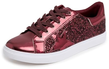 FEVERSOLE Women's Fashion Lace Up Dress Sneakers Sparkly Party Shiny Shoes Burgundy Star Glitter Size 7 M US