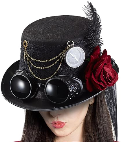 Nankoyal Gothic Steampunk Hut,Gothic Hut Steampunk Hut - Unisex Steampunk Zylinder Gothic Punk Zaubererhut - Gothic Gears Steampunk-Zylinder mit Rosenblütenfeder und Kette für Damen und Herren