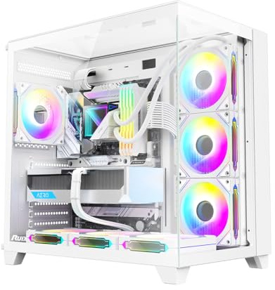 RUIX OV403 ATX Mid-Tower PC Case, Pre-Installed 4 x 120mm Prism ARGB PWM Fans and Graphics Card Holder, Three-Sided Tempered Glass Panels, USB 3.0 & Type-C Ports, Gaming Computer Case - White