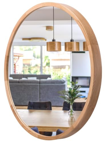 Wandspiegel mit Holzrahmen (∅57 cm) - Spiegel Rund Holz Eiche - LEJA | Massivholz, Einfache Montage, EU-Produktion, 4 mm Spiegelglas, Sicherer Metallhaken, Pflegeleicht