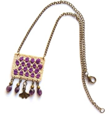 collana boho/minimalista con pietre dure perline di metallo ciondolo ginkgo/foglia, mattonella, beige/violeta, Gioielli all'uncinetto/tessili, Made in Italy, Bijoux da donna, Lavorazione Artigianale