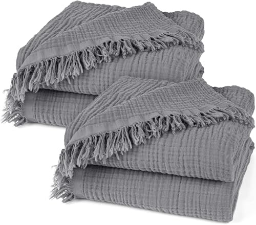 Pure Label 2er Set Musselin Tagesdecke 220x240 Anthrazit aus Baumwolle | Oeko-Tex zertifizierte- 3-lagige Musselin Kuscheldecken für Couch & Sofa