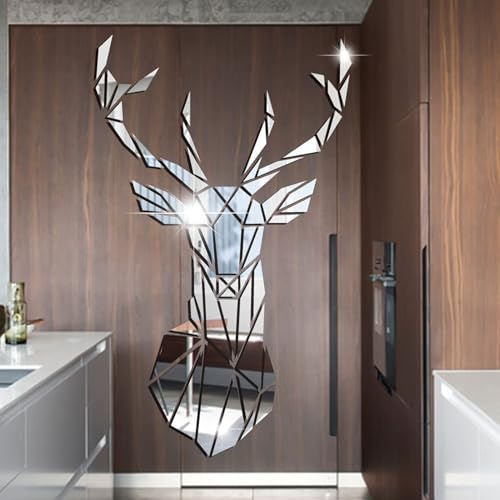 Hirsch Spiegel Wandaufkleber | Spiegelfliesen Wandspiegel Selbstklebend Hirsch Acryl Wandaufkleber 3D Kunst Deko Wandtattoo für Zuhause Wohnzimmer Schlafzimmer Wandbild