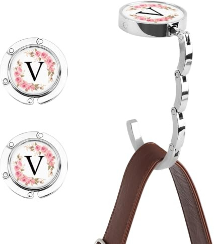 2PCS Buchstabe A-Z Handtaschenhaken, Personalisierte Anfangsbuchstaben Handtaschenhaken für Tisch, Blumenbuchstabe Handtaschenhalter, Faltbarer Taschenaufhänger für Frauen, Taschenhalter für Tisch (V)