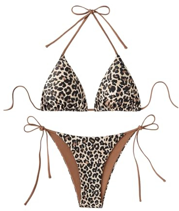 GORGLITTER Bikini Damen Set Sexy Tanga Triangel Bikini Leo Bikini Set Neckholder Bikini Sommer Strand Bikini Zweiteiliger Badeanzug Bademode Swimsuit