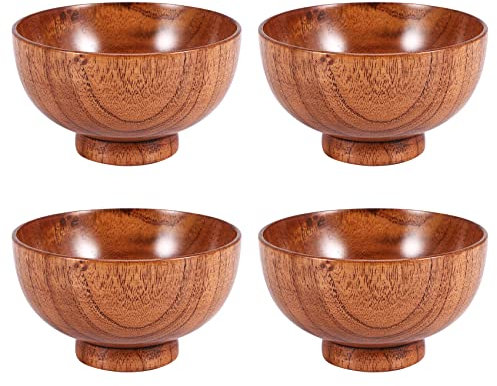 Asyduey Bol en Bois de Style Japonais Jujube Bol à Riz en Bois Bol à Nouilles Bol en Bois, DiamèTre 4,5 Pouces par 2-5/8 Pouces, pour Riz, Soupe, DéCoration (Moyenne) 4 Paquets