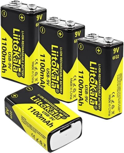 LiitoKala 9V Batterie Ricaricabili, Batterie al Litio Alta Capacità USB-C da 1100mAh con Spia Luminosa per Rilevatori di Fumo, Metal Detector, Walkie Talkie, Dispositivi Medici ecc. (4 pack)