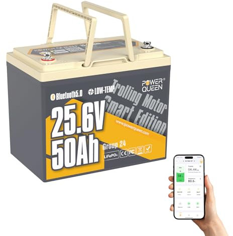 Power Queen 25.6V 50Ah Bluetooth LiFePO4 Batería, batería de Litio Hierro Fosfato con Protección contra Bajas Temperaturas, Autocaravana, Camping, Barco, Detector de Pesca