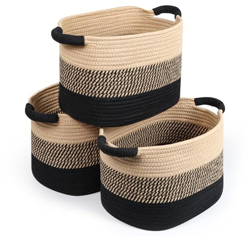 Mozvvco Set di 3 Grandi Cestini Portaoggetti in Corda di Cotone Intrecciato, Cesto Portabiancheria Ceste, Cestino Organizer in Tessuto per Camera, Bagno, Armadio, Bambini, Soggiorno, Cachi-Nero