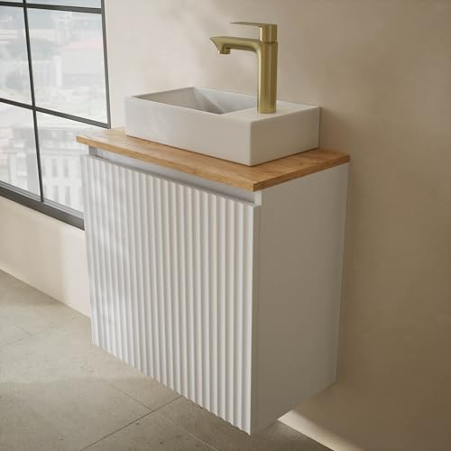 Planetmöbel Conjunto de Muebles de baño Lavabo con Mueble bajo 56 x 55 x 30 cm Blanco, con grifería y Juego de desagüe para Lavabo Dorado Cepillado para baño, Aseo de Invitados y Cuarto de baño