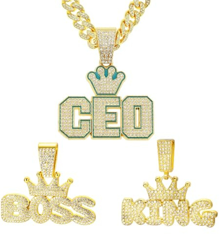 Xikui Cuban Link Chain for Men with 3 Pcs Pendant, Miami Ice Out Rhinestone Cuban Link Bless King Rich Cross Never Give Up Necklace Hip Hop Jewelry (ceo+boss+king, Gold)