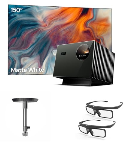 Paquete de Cine en casa Valerion：Proyector láser Triple Valerion VisionMaster Pro2 4K + Pantalla Blanca Mate de 150 + Soporte de Techo + Gafas 3D