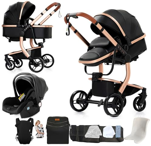Magic ZC Cuero PU Carrito Bebe 3 en 1, Carro 3 Piezas Plegado Conveniente con Un Solo Clic, Coche Bebe con Modo de Doble Empuje Reversible, Cochecito Tres Piezas Paisaje Alto (L518 Black)