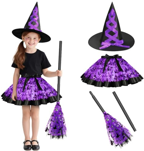 DiULi Halloweenkläder, häxkostymer halloween maskeraddräkt ond häxa flickdräkt med tutu-kjol hatt häxor kvast för flickor cosplay