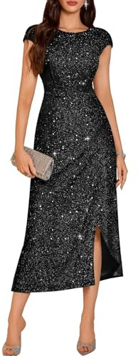 DRESSTELLS Cocktail Dress for Women, Black Sparkly Formal Wedding Guest Evening Prom Party Sequin Mother Bride Slit Maxi Gown Dresses Glitter Black M