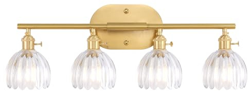 Shenmoyl Bathroom Light Fixtures, 4-Light Brass Vanity wall Light Over Mirror with Clear Tulip Glass Shade for Bedroom Living Room (Bulb Not Included)
