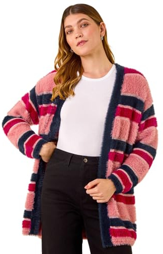 Roman Women Fluffy Cardigan Ladies Winter Cardi Longline Edge to Edge Ombre Coatigan Casual Sparkly Glittery Jacket Knitwear Knitted Autumn Fleecy Cosy Soft Coats - Pink Navy - Size 18