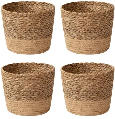 Youbones Lot de 4 pots de fleurs tressés en paille - Panier en osier - Panier de rangement - Panier à plantes tissé à la main - Taille S