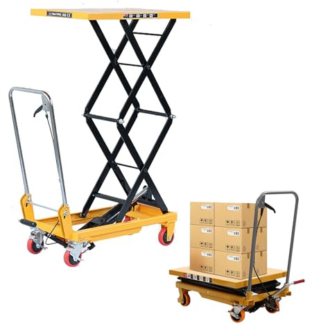 Carrello elevatore idraulico a doppia forbice per carichi pesanti, capacità 150 kg, robusto telaio in acciaio, protezione di sicurezza, 4 ruote, ideale per magazzino e movimentazione dei materiali