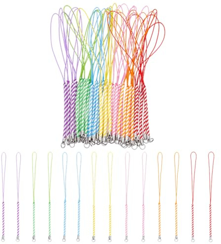 GORGECRAFT 42Pcs 7 Colors Phone Charm Cords 17cm Long Cellphone Keychain Strap Colorful Stripe Braided Nylon Lanyard String with Sliver Loop Tone Split Key Ring for Mobile Phone Lariat USB Drive