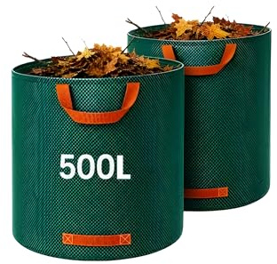 2 x / 500 Litre Garden Waste Bags Heavy Duty 2 Pack Reusable Garden Sacks with Handles - Industrial Fabric for Leaves Trash Debris - Waterproof Rubbish Bags For Plants, Grass & Leaves