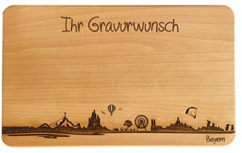 SNEG-de Brotzeitbrett Bayern Skyline | Frühstücksbrettchen aus Buche | Holz Schneidbrett | Geschenk mit Gravur | Bundesland Bayern | Frühstücksbrett (Brett XL (35x23x1,5cm), mit persönlicher Gravur)