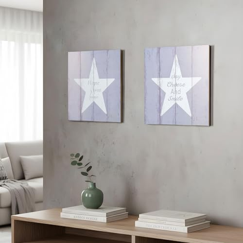 levandeo 2er Set Wandbilder 32x32cm Spruch Stern Home Sweet Home MDF Holz Wanddeko Schild Smile Holzschild Hängeschild