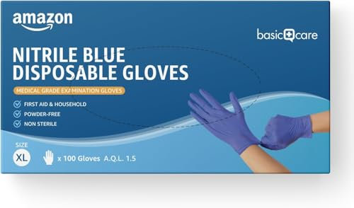 Amazon Basic Care Blaue Nitril Einmal-Handschuhe, Puder frei, Größe XL, 100 Handschuhe (Früher Marke Hevea)