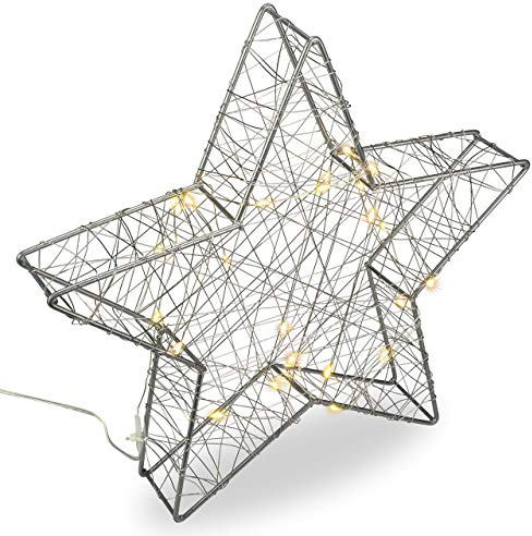 Nipach GmbH Dekoleuchte Metall-Stern Silber schwarz Weihnachtsstern 30 cm - 25 LED warm weiß - Batterie mit Timer Weihnachtsdekoration Dekostern (Silber)