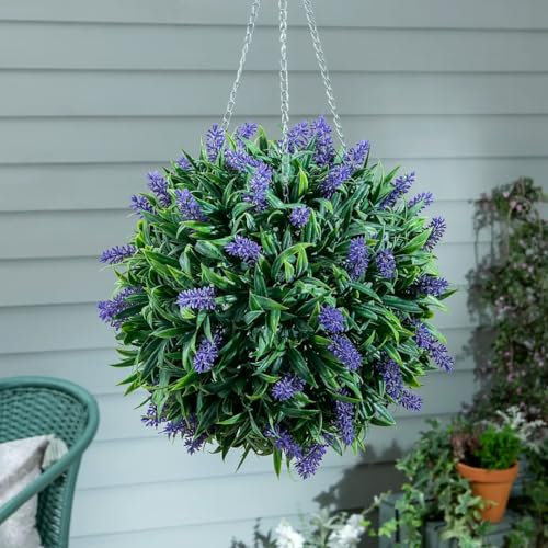 Garden Mile Large 30cm Artificial Topiary Ball with Lavender Hanging Faux Plant UV Resistant Weatherproof Decorative Hanging Ball for Outdoor Garden Patio Porch Balcony Home Décor