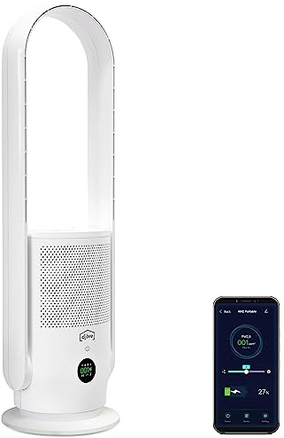 djive ARC Portable Ventilador y Purificador de Aire Silencioso de 29dB con Batería, Ventilador de Columna Oscilante Ideal para Casa y Camper, Compatible con Alexa y App, Blanco