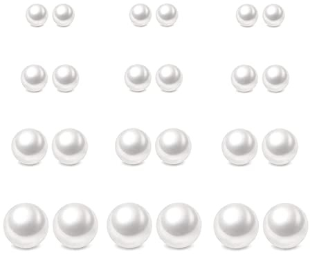 12 Pairs Pearl Stud Earrings, Hypoallergenic Surgical Steel Round Ball Beads Stud Earrings Set for Women（6mm 8mm 10mm 12mm）