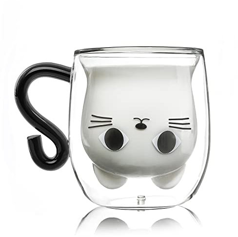 Qinhai Gato Tazas de Café Té de Cristal, Vasos de Doble Pared Desayuno, Regalo Mujer Niña Niño Novia Madre Amiga, Cumpleaños Navidad San Valentín