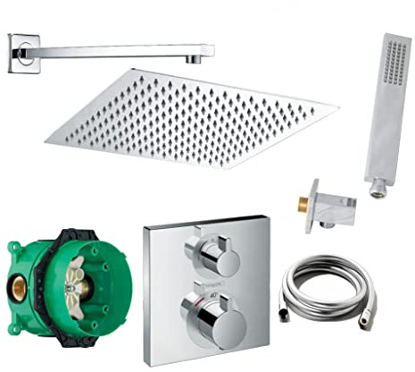 vanvilla Duschsystem Unterputz mit Duscharmatur Hansgrohe poliert HG35 | Duscharmatur von Hansgrohe Ecostat Square Thermostat Armatur und vanvilla Regendusche Duschkopf eckig, Dusch-SET poliert