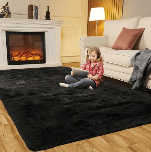 SUBEEN tappeto soggiorno, moquette camera da letto Soggiorno moderno tappeto Shaggy tappeto soggiorno Grande tappeto antiscivolo Camera da letto dei bambini (80x160cm, nero)