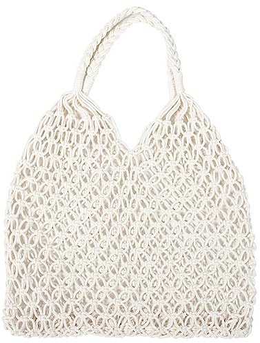Kichvoe Hollow Out Mesh Strandtasche Damen, Handgemachte Baumwoll UmhäNgetasche FüR Den Strand, Beige, GroßE Tragetasche Mit Schulterriemen 48 x 35 x 2cm